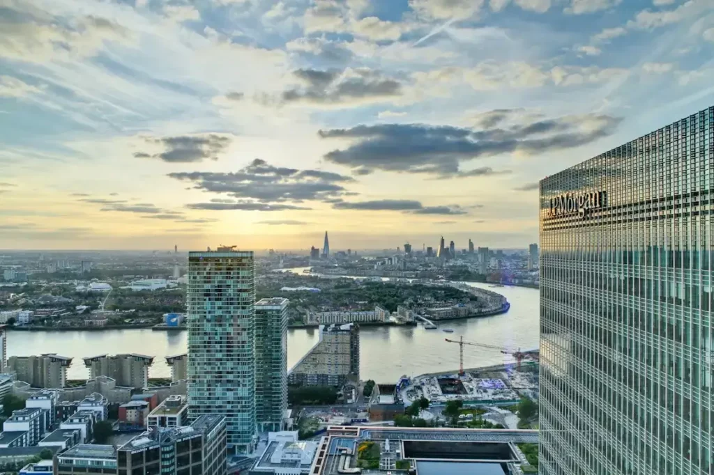 Wide shot view of London cityscape and river from our filming venue