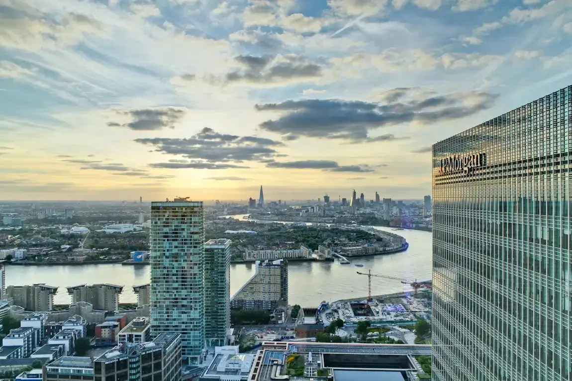 Wide shot view of London cityscape and river from our filming venue