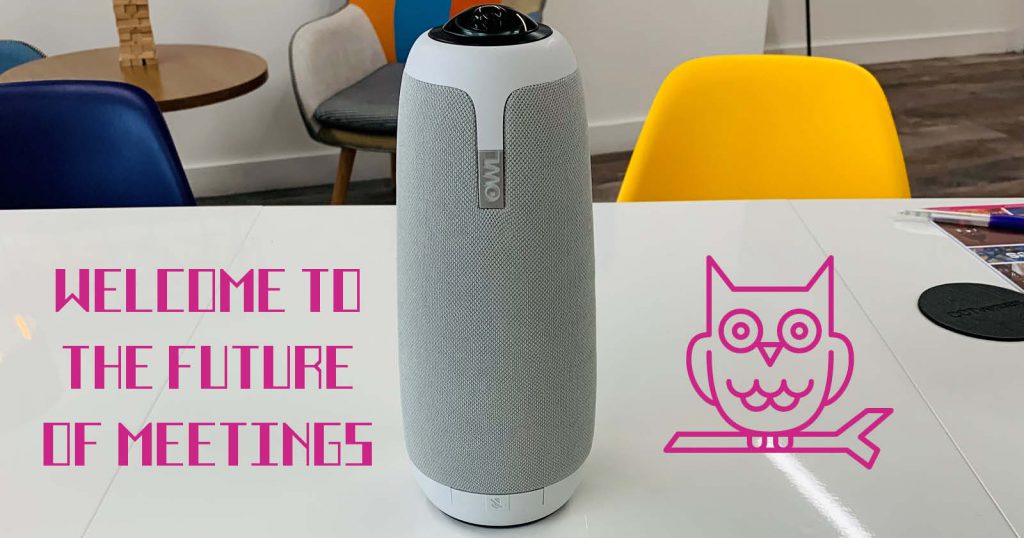 hybrid meeting owl on desk with text on image that reads: Welcome to the Future of Meetings