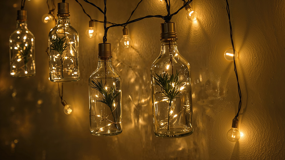 A string of gold LED fairylights with jars hanging off and plants.