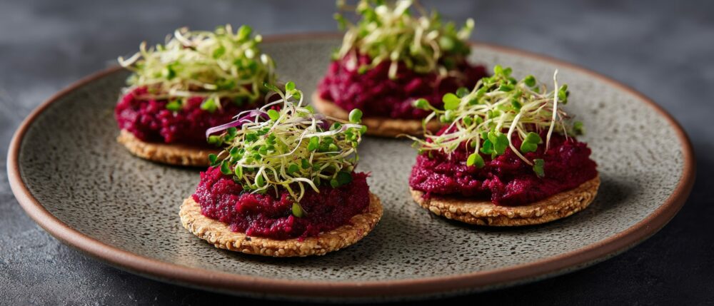 Four crackers with whipped beetroot and garnish canapes laid on a grey speckled plate.