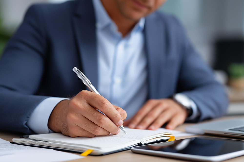Man in suit writing in notebook.
