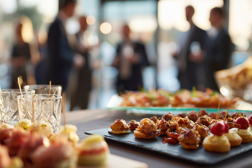 Food and drink on table.