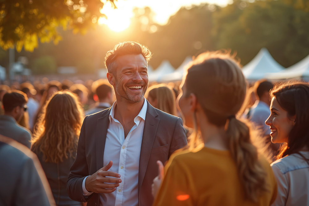 Man smiling with sun shining in the background at a corporate event.