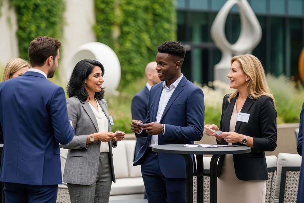 People standing at corporate event with seating behind.