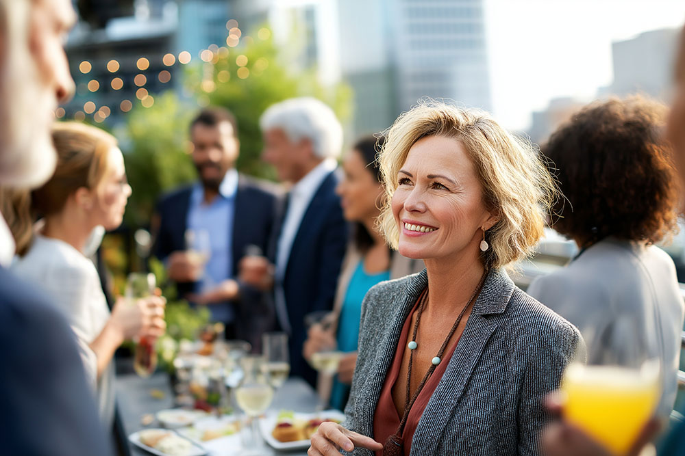 Lady smiling dressed in a suit at an outdoor event with a drink in her hand.