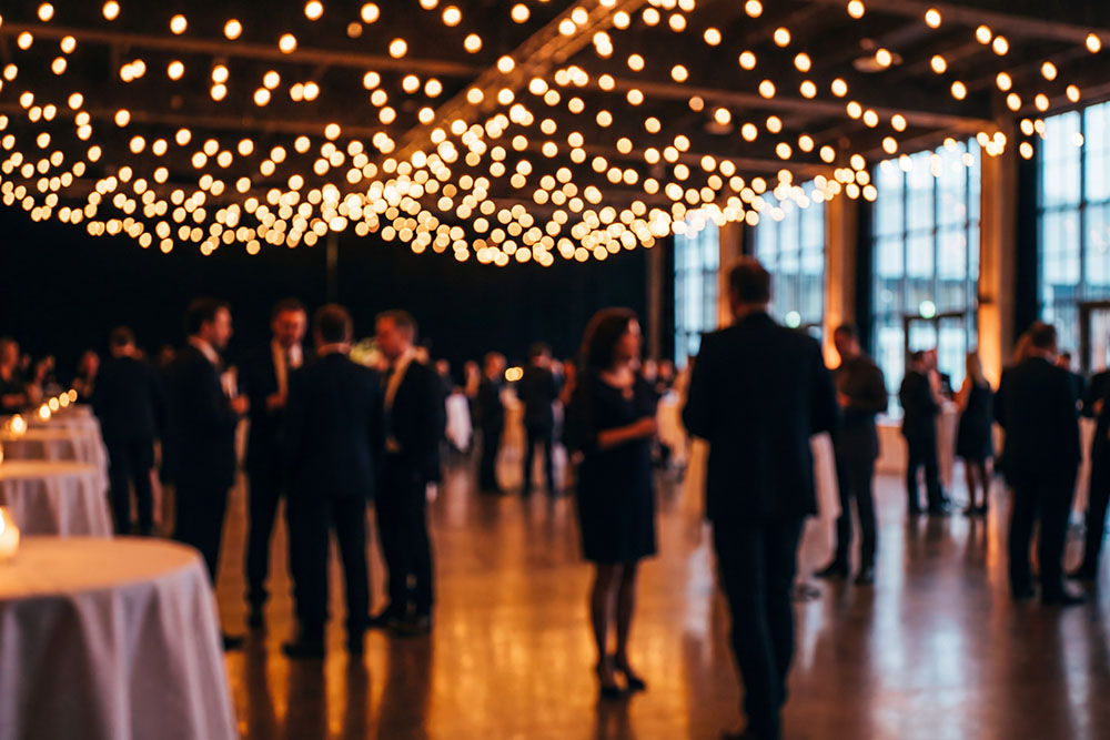 Event space with mood gold lighting.