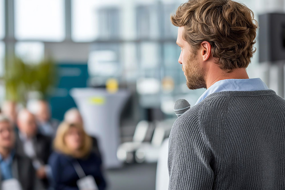 Focus on man with blurred background of a conference.